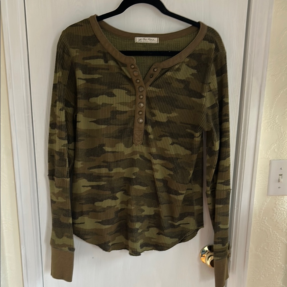 We the Free (Free People) Camouflage Long Sleeve Henley Top